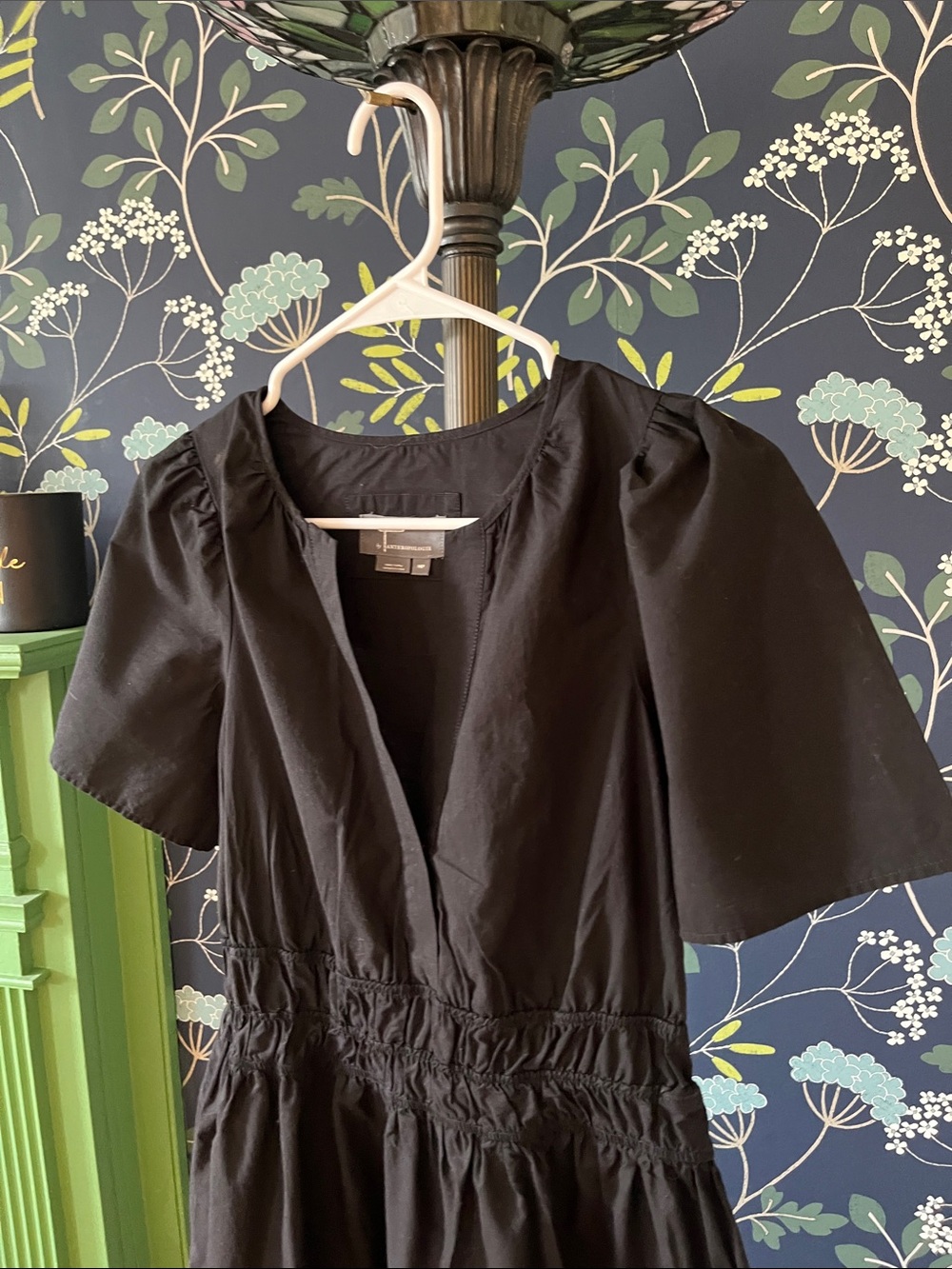 Anthropologie Black Tiered Midi Dress Smocked Waist Puff Sleeve Petite MP - Picture 5 of 6